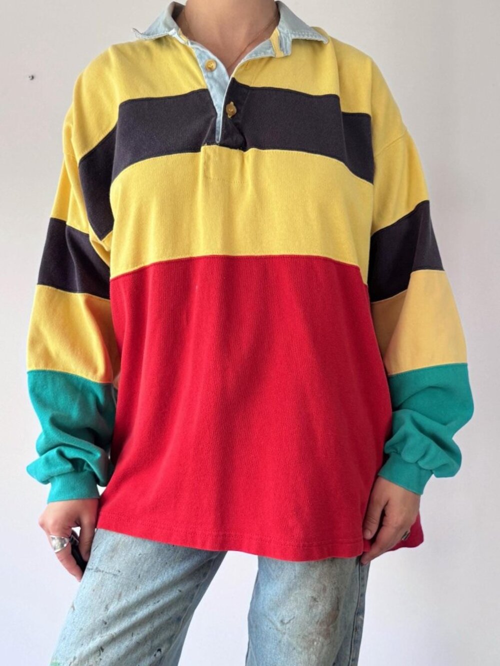 90s vintage striped colorblock prep unisex denim collared rugby style polo shirt